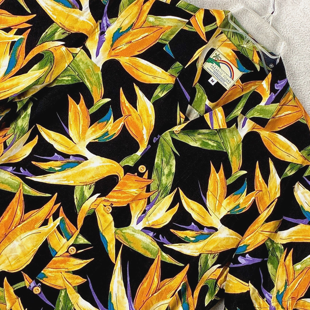 Paradise Found Hawaiian Shirt Mens M Black Yellow Floral Rayon Aloha Magnum PI